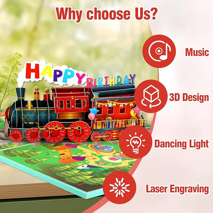 FaCraft Train Musical Birthday Cards for Kids - Music and Light, 3D Pop Up Happy Birthday Cards with Envelope Blank Insert for Boys Women Men Girls