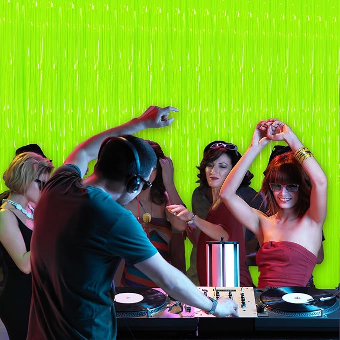 Glow in The Dark Tinsel Curtains 2 Pack - 3.3x6.6ft UV Reactive ‌Fluorescent Party Backdrop for Neon, Birthday, Pride Decorations, Pre-Taped, Lightweight Waterproof (Yellow)
