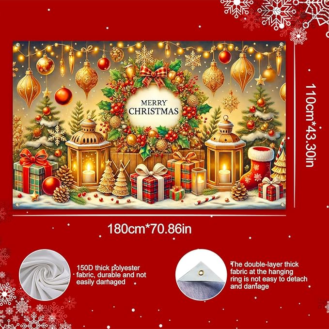 Christmas Banner 71x43 Inch Merry Christmas Backdrop Holiday Wall Decoration Festive Golden Ornaments Xmas Tree Lights Gift Boxes Party Photo Background Winter Celebration Display