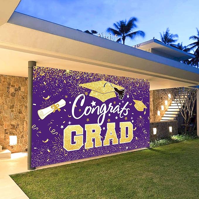 Graduation Party Decorations - Purple Gold Congrats Grad Class of 2026 Backdrop Banner Large Sign Wall Decorations Photography Background Party Supplies for 2026 Graduation Party Decorations
