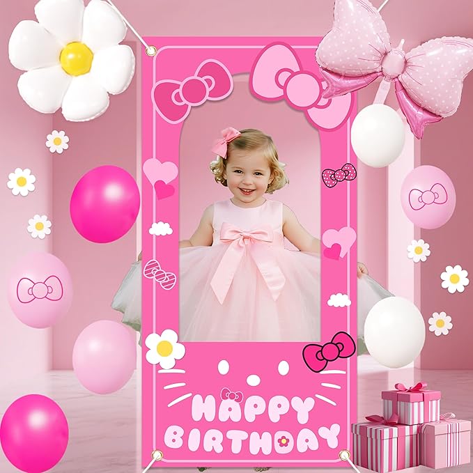 Birthday decorations for girls,Happy Birthday Banner, 35 Balloons,Pink bow Foil Balloon,Photo Booth Props for women (Pink Cat)