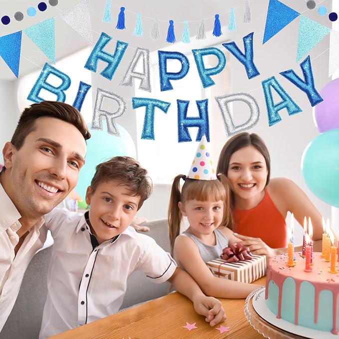 5 Pcs Pre-Strung Blue and Silver Happy Birthday Banner Set, Felt Glitter Happy Birthday Garland with Ball Garland, Pennant Flags and Tassels, Birthdays Party Decorations for Kids and Adults