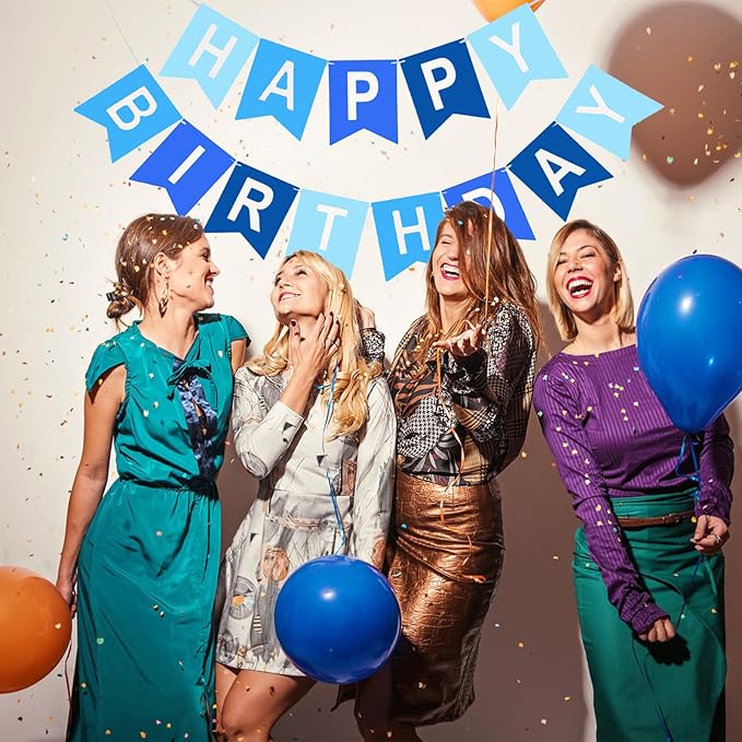 Happy Birthday Banner, Blue Colors Birthday Party Banner Assembled Garland Bunting Flags Women Men Girl Boy Party Hanging Decorations Indoor/Outdoor Supplies
