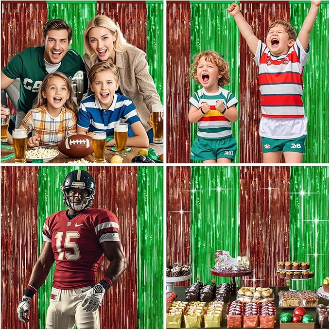 4 Packs Football Foil Fringe Curtain, Brown Green Glitter Metallic Tinsel Backdrop for Birthday, Baby Shower, Super Bowl, Football Game Day Party Decorations Supplies