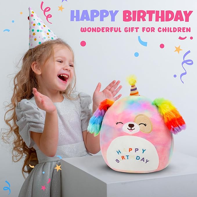 Easfan 8’’ Rainbow Birthday Dog Plush Pillow Soft Puppy Plush Toy Cute Dog Stuffed Animal Birthday Gifts for Kids Toddlers