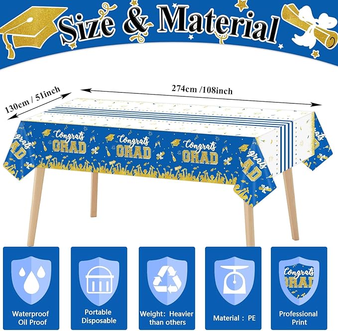 chiazllta Set of 3 Graduation Tablecloths Class of 2026 Congrats Grad Blue Graduation Party Tablecover Decorations Party Supplies Large Size Plastic 54"x108"(Blue & Gold)