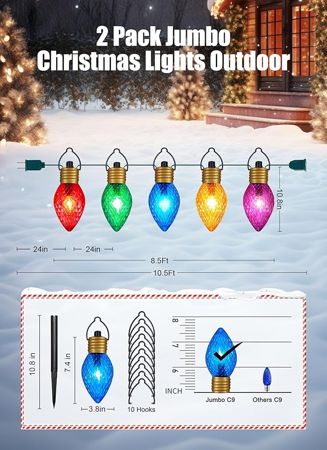 Minetom Strawberry C9 Christmas Jumbo Lights, 2 Pack 10.5 Feet 5 Multicolor Bulb Christmas Pathway Lights Outdoor C7 Light Covered Jumbo Multicolor Light Bulb Decorations for Lawn Outside