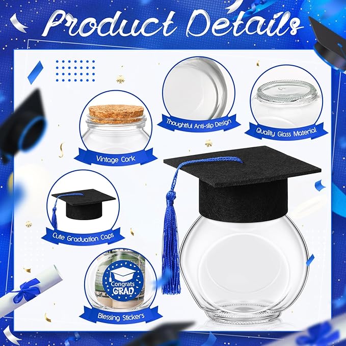 20 Sets Glass Graduation Cap Candy Jars Class of 2026 Graduation Party Decorations Candy Boxes Containers with Sticker for 2026 Grad Ceremony Party Supplies DIY(Blue and Gold)