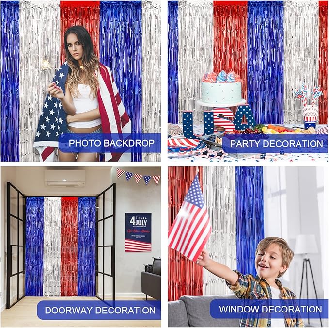 LOLStar 4th of July Decorations, 3Pack Red White and Blue Decorations Streamers Patriotic Foil Fringe Curtains Photobooth Props Party Backdrop for USA Themed Olympics Election Veterans Day Decor
