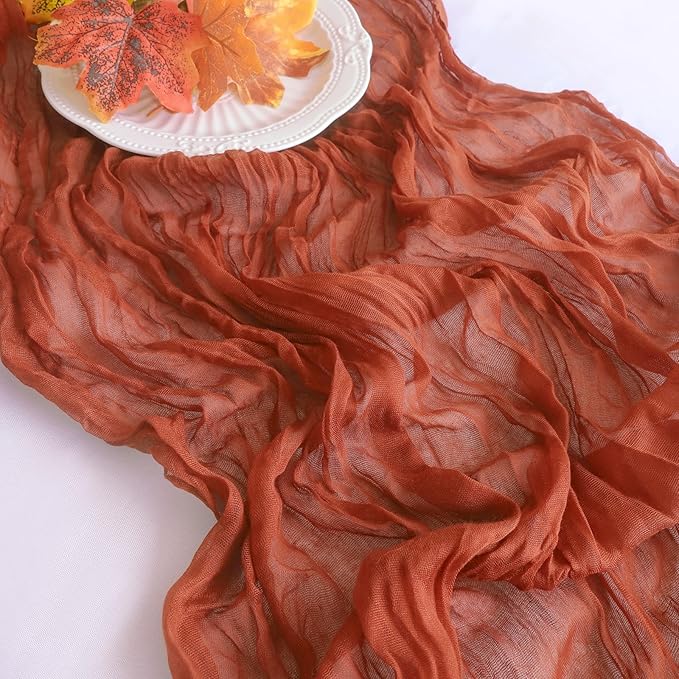 Fall Table Runner, 10FT Thanksgiving Cheesecloth Table Runner 35*120inch Terracotta Table Runners for Fall Wedding Baby Shower Friendsgiving Thanksgivig Home Kitchen Table Decorations
