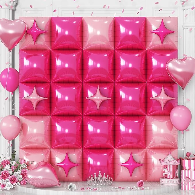 32PCS Hot Pink Square Foil Balloon Wall Double Sided, Metallic Bright Pink and Light Pink with Star Balloons Backdrop Flat Tunnel Foil Magenta Background for Girls Women Princess Birthdays Baby Shower