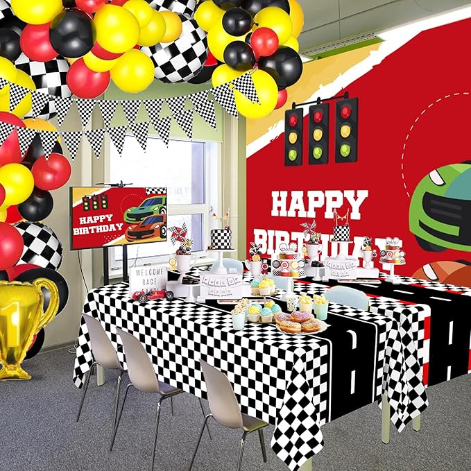 WNINK 4 Pack Race Car Table Cloth and Black White Gingham Tablecloths Disposable Plastic Buffalo Check Tablecloth Checkered Flag Covers for Birthday, Outdoor Picnic, Birthday, Camping 54 × 108 Inch