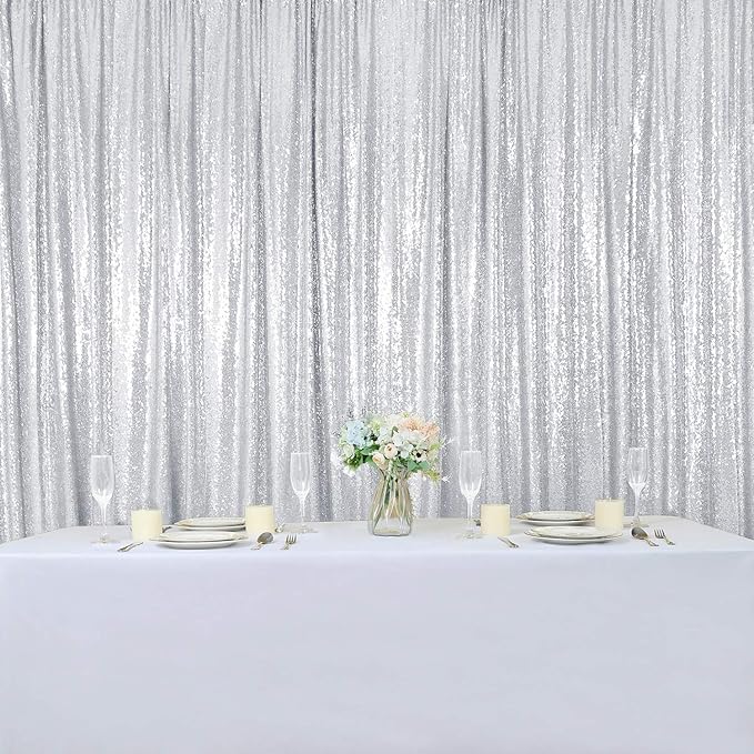 Hahuho Silver Sequin Backdrop Curtain, 2PCS 2FTx8FT Glitter Backdrop Curtain for Parties, Christmas, Wedding, Party Decoration（2 Panels, 2FT x 8FT, Silver