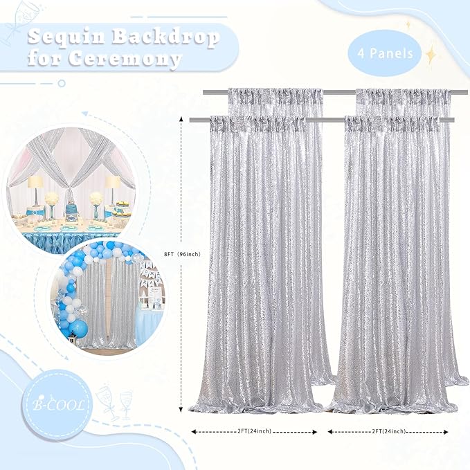 B-COOL Silver Sequin Backdrop Curtains 4 Packs 2ftx8ft Glitter Shimmer Fabric Silver Backdrop Drapes for Wedding Banquet Party Background Decorations