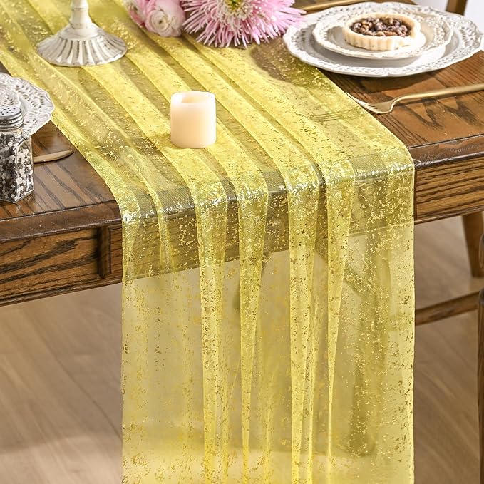 Artoid Mode 3PCS Light Yellow Gold Gauze Table Runner 120 Inch 10FT, Glitter Metallic Foil Sheer Dining Wedding Anniversary Holiday Birthday Table Decor for Home Party
