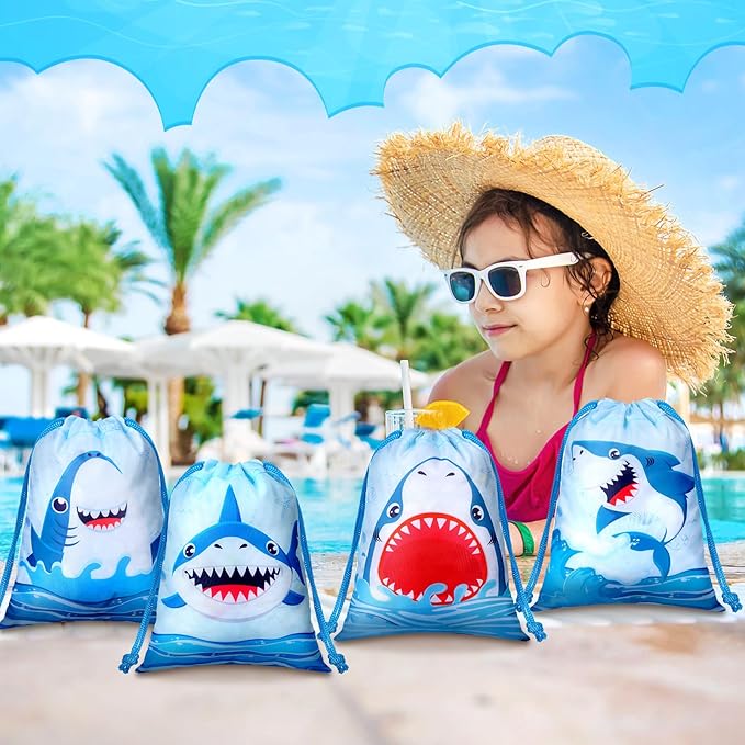 Capoda 24 Pcs Shark Party Drawstring Bags Summer Party Favors 7.09 x 5.12 Inches Shark Themed Birthday Decoration Ocean Animals Drawstring Bags Bulk for Candy Snack Treat Wrapping Summer Pool Supplies