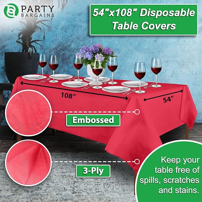 PARTY BARGAINS Disposable Table Covers, 54 x 108 Inch, Real-Red, 3-Ply Paper & Plastic Spill-Resistant Party Tablecloths, 10 Pack