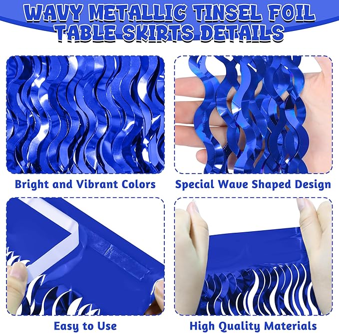 Navy Blue Table Skirt, 2 Pack Blue Foil Grass Table Skirt, Patriotic Metallic Wavy Tinsel Foil Fringe Table Skirts, Table Skirts for Birthday Graduations 4th of July Christmas Parade Party