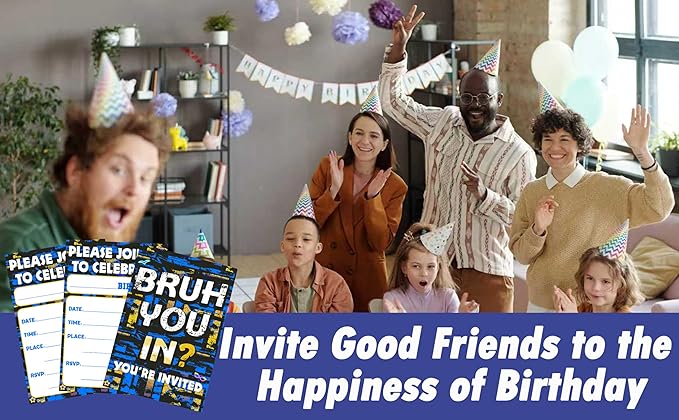 CLIRBE Bruh Birthday Party Invitations, Glow Neon Invited Birthday Invitations For Brother Bro Teen Boys, 20 Invites Cards With 20 Envelopes, Party Supplies Favors -H03