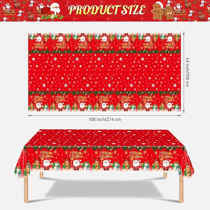 3 Pcs Merry Christmas Tablecloth - Winter Christmas Table Cloth, Disposable Plastic Rectangle Red Xmas Holiday Table Cover for Christma Decorations Party Supplies Tables Decor Favors, 108x54Inch