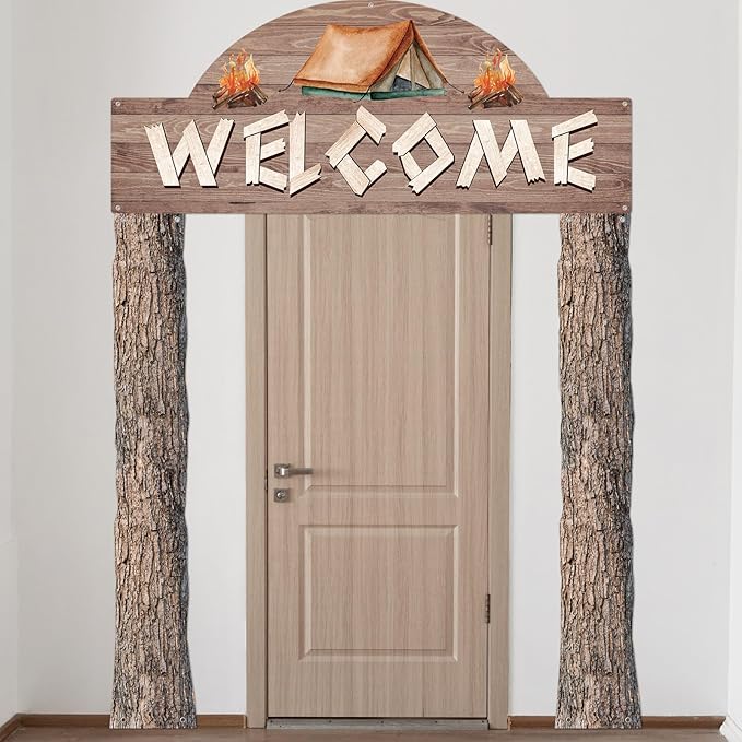 Peryiter 3 Pcs Camping Themed Party Decorations Banner Welcome Porch Sign with 1 Double Sided Tape for Summer Camp Birthday Hawaii Baby Shower Themed Party Activity Decor Door(Natural Style)