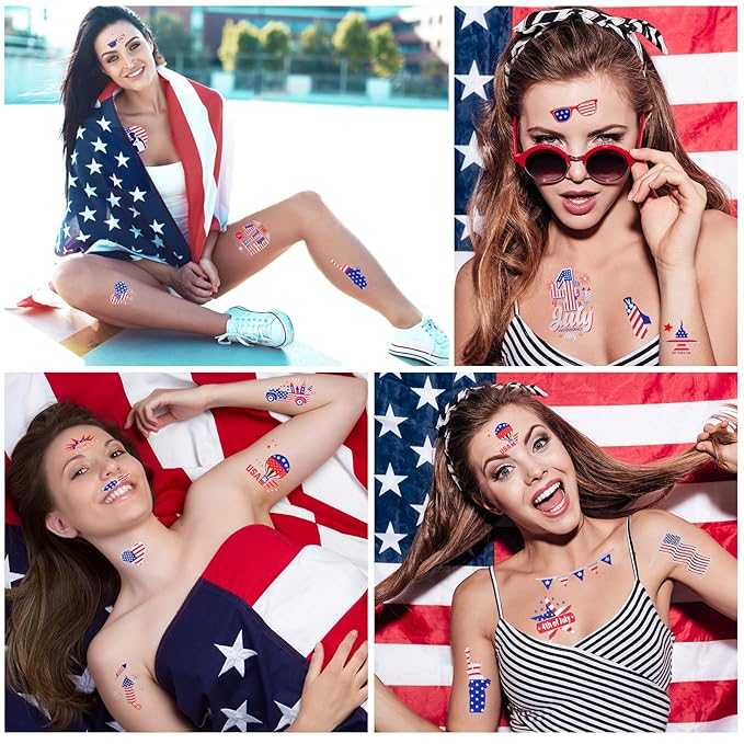 4th of July Temporary Tattoos, Metallic USA Fourth of July Patriotic Tattoos | American Flag Red White and Blue Face Tattoo Stickers, Independence Day Memorial Day Party Accessories Decoration