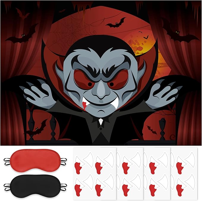 Pin The Fangs on The Vampire Halloween Party Games Poster with 24 Stickers Entertaining Activity Holiday Carnival Celebrations Birthday Party Decorations Supplies Haunted House Wall Decor