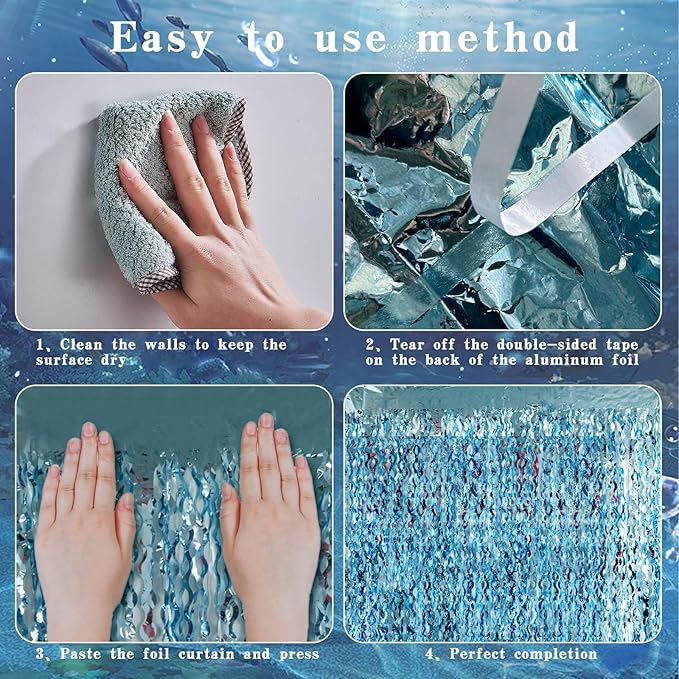 Blue Wave Shaped Streamers Ocean Themed Tinsel Foil Fringe Curtain with Bubble Garlands for Beach Under The Sea Party Decorations (3.3 feet Curtain 3 Bubble Garlands)