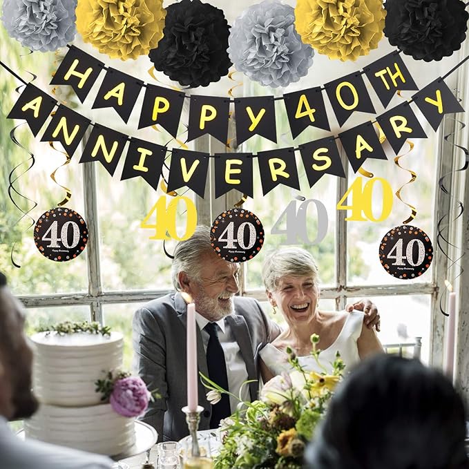 40th Anniversary Decorations Kit - 16 Pcs: 1 Happy Banner, 9 Sparkling 40 Hanging Swirls, 6 Poms - Wedding Party Supplies