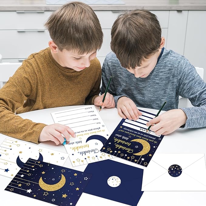 Qyeahkj 36pcs Stars Invitations Twinkle Little Star Baby Shower Invitation Cards with Envelopes Moon and Star Baby Shower Decorations Blue Gold Foil Baby Shower Party Invites for Baby Gender Supplies