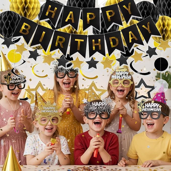 Birthday Decoration with Black&Gold Honeycomb Balls, Stars Hanging Swirl Streamers, Circle Dots Garland, Birthda y Party Decorations for for Birthday Party Decorations
