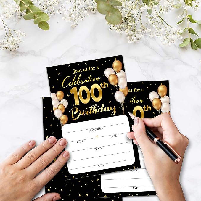 100th Birthday Invitation Cards with Envelopes - Classic Gold Theme Fill in The Blank Birthday Party Invite Cards, for Man, Woman Entertain Banquet Party Supplies, 20 Invites With Envelopes - B24