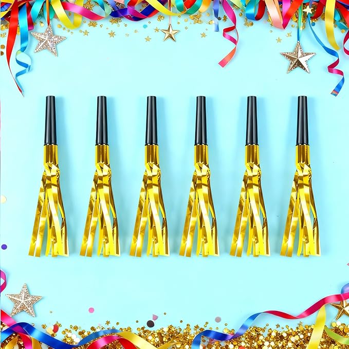 Gold New Years Noise Makers 24 PCS Glitter NYE Party Blowers Blowouts New Years Eve Games Favors Supplies Birthday Pep Rally for Adult Prank Graduation Sporting Events Horns Noisemakers Accessories