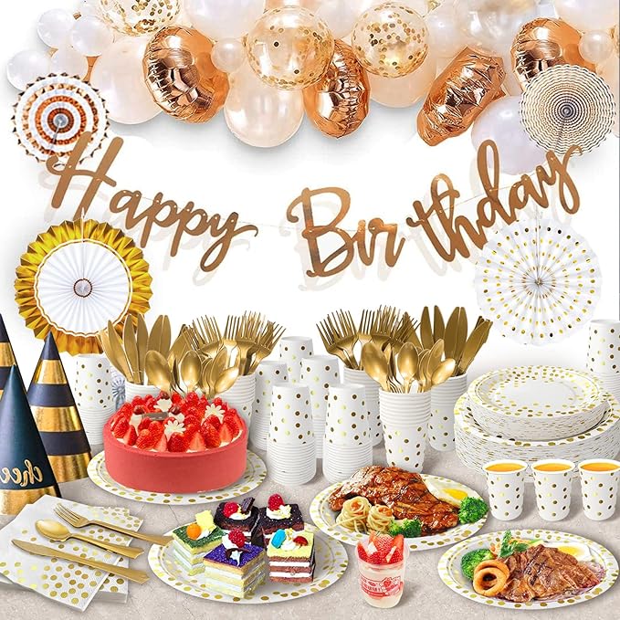 AIRE 350PCS White and Gold Paper Plates Party Supplies for 50 Guests Disposable Party Decorations Dinnerware Gold Paper Plates Napkins Cups Gold Plastic Forks Knives Spoons for Wedding Birthday
