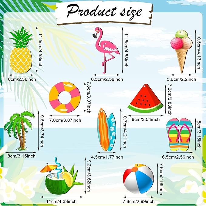 Chunful 30 Pieces Summer Tree Ornaments Christmas in July Wood Hanging Decoration Beach Wooden Slices Winter Tree Ornaments with String for Luau Hawaiian Party Supplies (Cute Style)