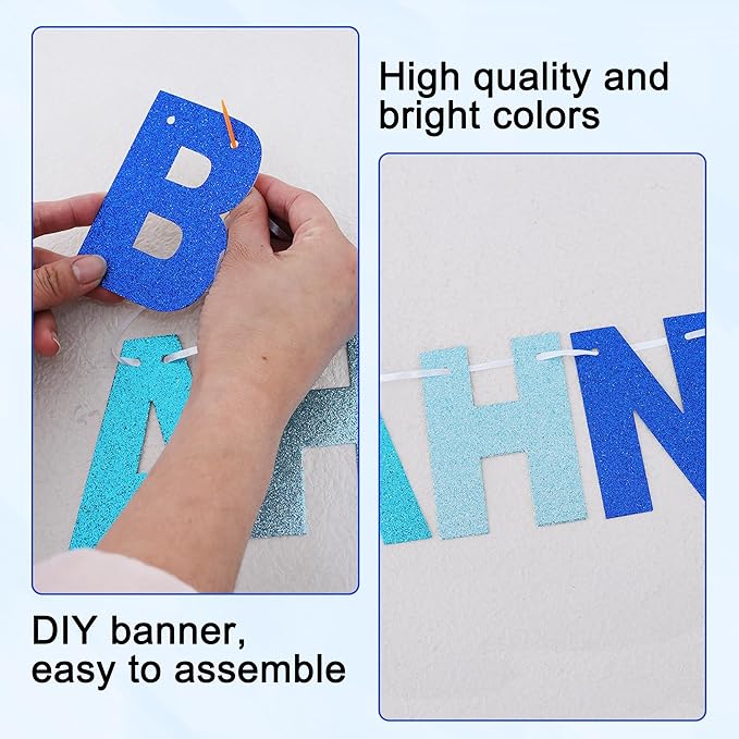 BEISHIDA 116 PCS A-Z DIY Letter Banner Kit Make Your Own Banner Glitter Blue Mix Including 111 Letters and Numbers 3 Rope and 2 Threading Device,Customized for Birthday Graduation Wedding Party Decor