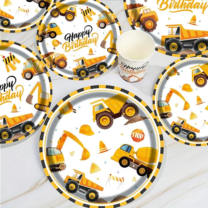 194Pcs Construction Plates Birthday Party Supplies Decorations Serve 24 | Includes Napkins Cups Tablecloth and Banner | Boys Construction Themed Birthday Party