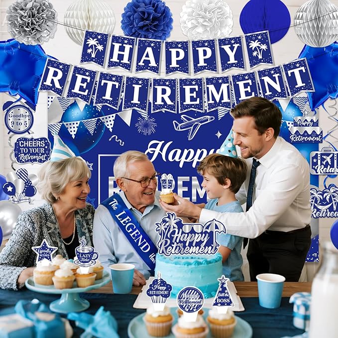 Retirement Party Decorations, Blue Silver Retirement Decorations for Men Women Including Tassel Garland Banner HAPPY RETIREMENT Banner Backdrop Sash Hanging Swirl Balloons Honeycomb Ball Cake Toppers