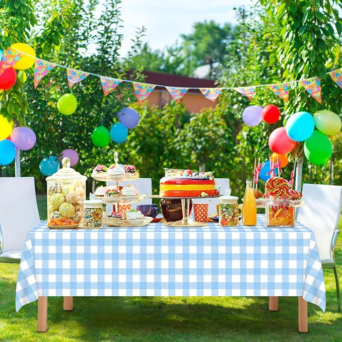 2 Pcs Light Blue Checkered Tablecloth 54 ×108 Inches Rectangle Blue Gingham Tablecloth Disposable Plastic Waterproof Table Cover for Outdoor Picnic, Kitchen, Holiday Birthday Party