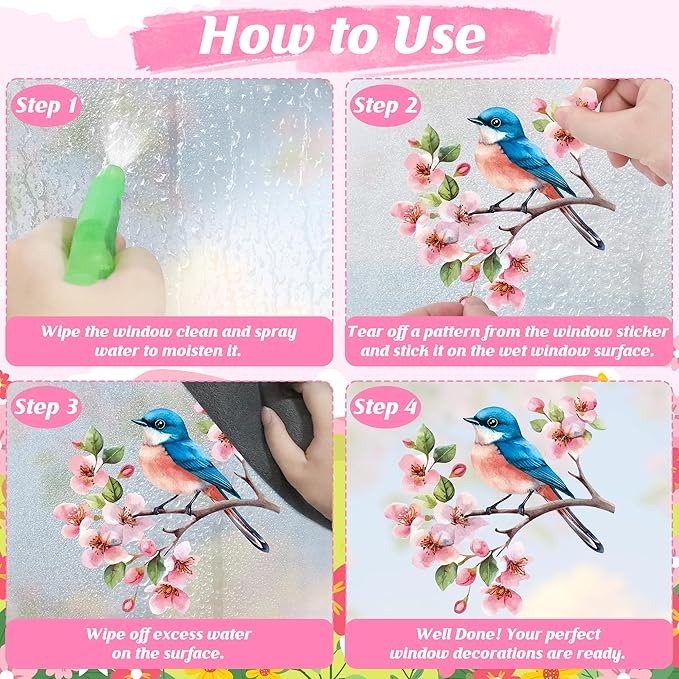 115 PCS Spring Decorations, 4 Sheets Waterproof Spring Window Clings, Double-Sided Easter Window Decorations with Flowers Butterflies Birds Designs, Colorful Easter Party Decor for Home Store