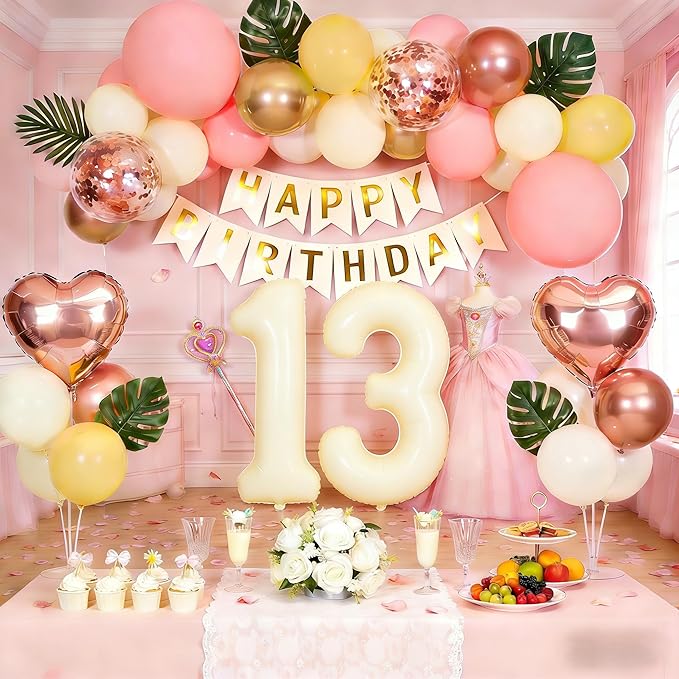 13th Birthday Decorations for Girl, Retro Sand White and Cream Balloon Garland Kit, Cream Number 13 Balloon, Pink Official Teenager Banner, 13 Year Old Party Supplies