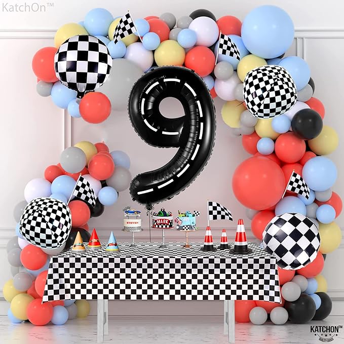 KatchOn, Giant Checkered Number 9 Balloon - 40 Inch | Foil 9 Birthday Balloon for 9th Birthday Decorations | 9th Anniversary Decoration | Race Car Party Decoration | Black Party Decor