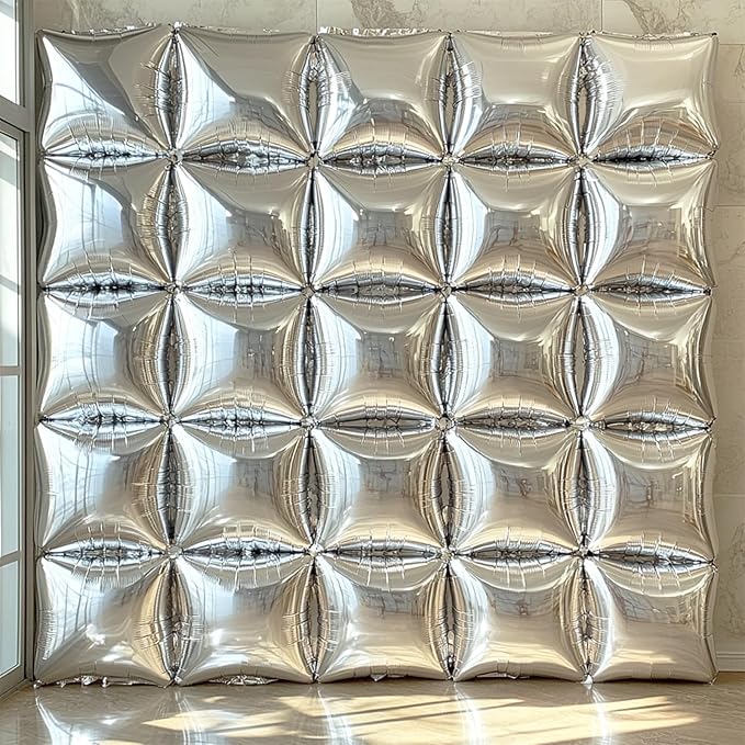 NISOCY 48PCS Metallic Silver Square Foil Balloons Wall Backdrop Chrome Silver Balloons Tunnel Garland Arch Kit for New Year Anniversary Bachelorette Birthday Engagement Bridal Shower Party Decorations