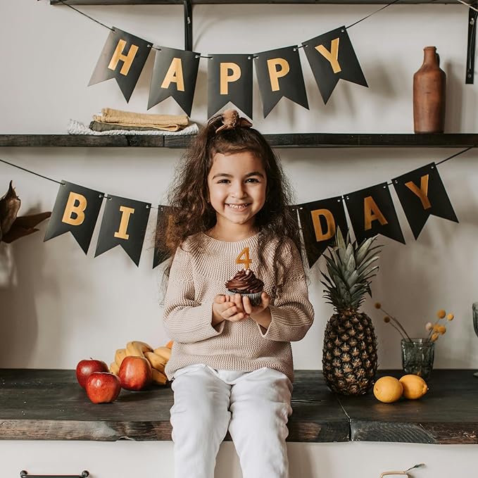 Black Happy Birthday Banner - Hanging Backdrop Sign With Gold Letters, Happy Birthday Sign Bunting Decorations For Men Women Kids Baby Shower Party Supplies (13pcs)