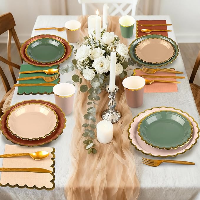 Kochorie 140 PCS Woodland Party Supplies for 20 Guests Disposable Dinnerware Set Includes Scalloped Plates Napkins Cup Cutlery Tableware Set for Birthday Party Wedding Baby Shower Picnic