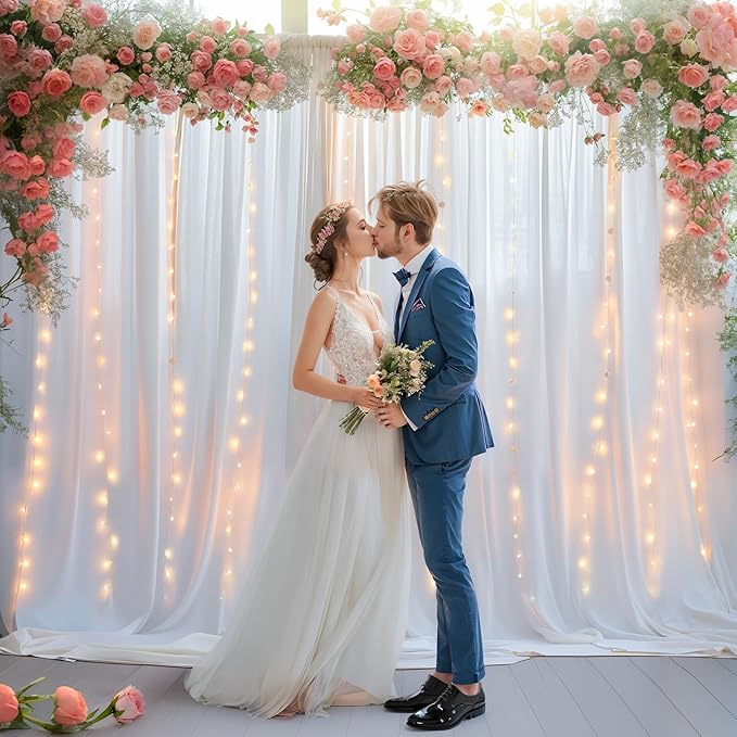 20x10FT White Backdrop Curtains with Lights for Parties,Wrinkle Free Wedding Photo Backdrop Curtains for Baby Shower Birthday Ceremony Reception Home Party Decorations-5ft x 10ft,4 Panels