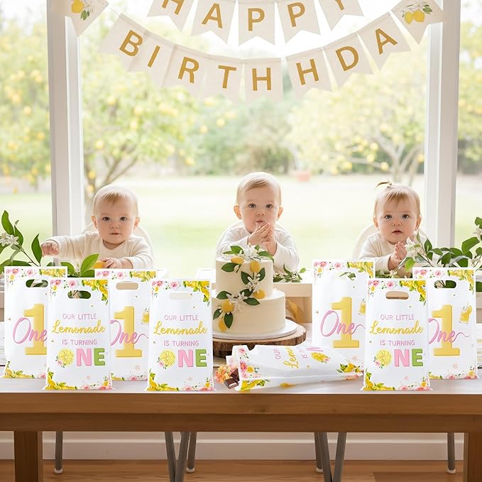Lemon 1st Birthday Party Favor Bags - 50Pcs Our Little lemonade is Turning One Goody Candy Treat Bags, Summer Lemon Themed Baby First Birthday Party Decorations for Baby Shower