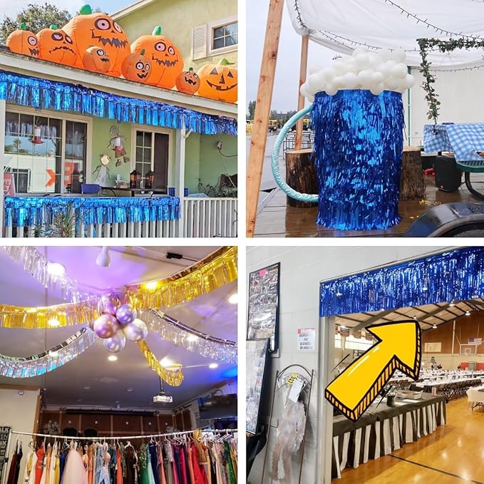 3 Pack Blue Total 30 Feet Foil Fringe Garland Metallic Tinsel Banner Wall Hanging Drapes Parade Float Skirting Decorations for Trailer Mardi Gras Party Birthday Baby Shower (Royal Blue)