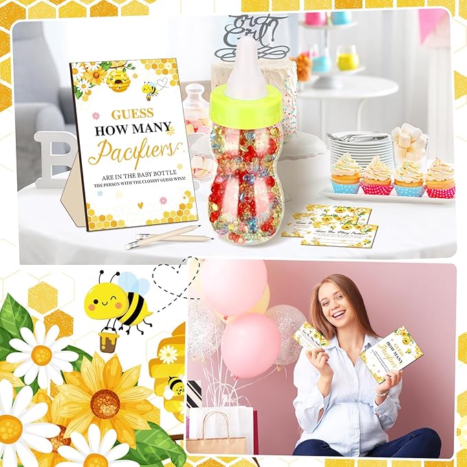 Syhood 472 Pcs Bee Baby Shower Games Guess How Many Pacifiers Game Sign 50 Small Guessing Games 20 HB Pencils 750 ml Milk Bottle 400 Acrylic Pacifiers Decorations Guests Gender Reveal Party Favor