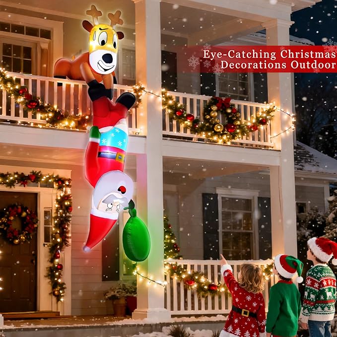 TURNMEON 8 Ft Christmas Inflatable Reindeer & Climbing Santa Claus, Funny Hanging Outdoor Decoration with Built-in LED Light for Yard & Indoor Garden Lawn Party